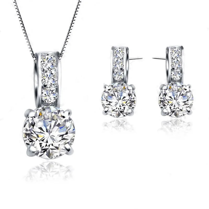 925 sterling silver bridal jewellery set with CZ pendant necklace and matching stud earrings