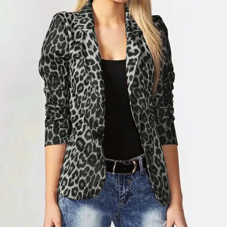 Leopard Print Lightweight Blazer for Women – Long Sleeve Autumn Jacket