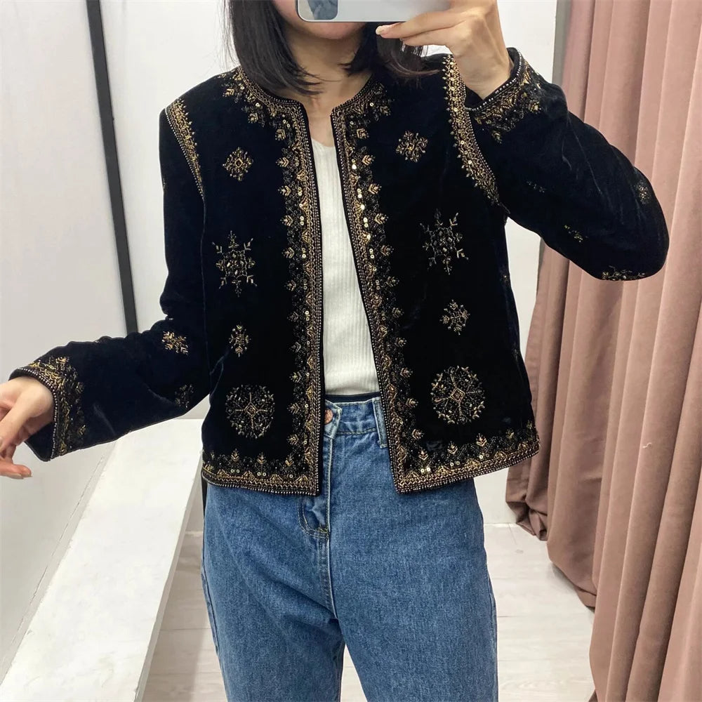 Embroidery Velvet Crop Open Blazer Coat Vintage long Sleeve Female Outerwear Jacket