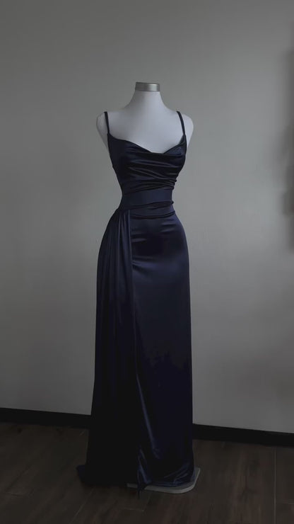 Navy Blue Satin Halter Maxi Dress – Elegant Evening & Party Dress