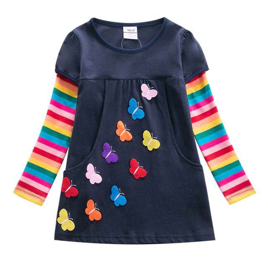 Butterfly Embroidered Dress for Girls ,Long Sleeve Rainbow Dress , Flower Dress-CheekyMeeky