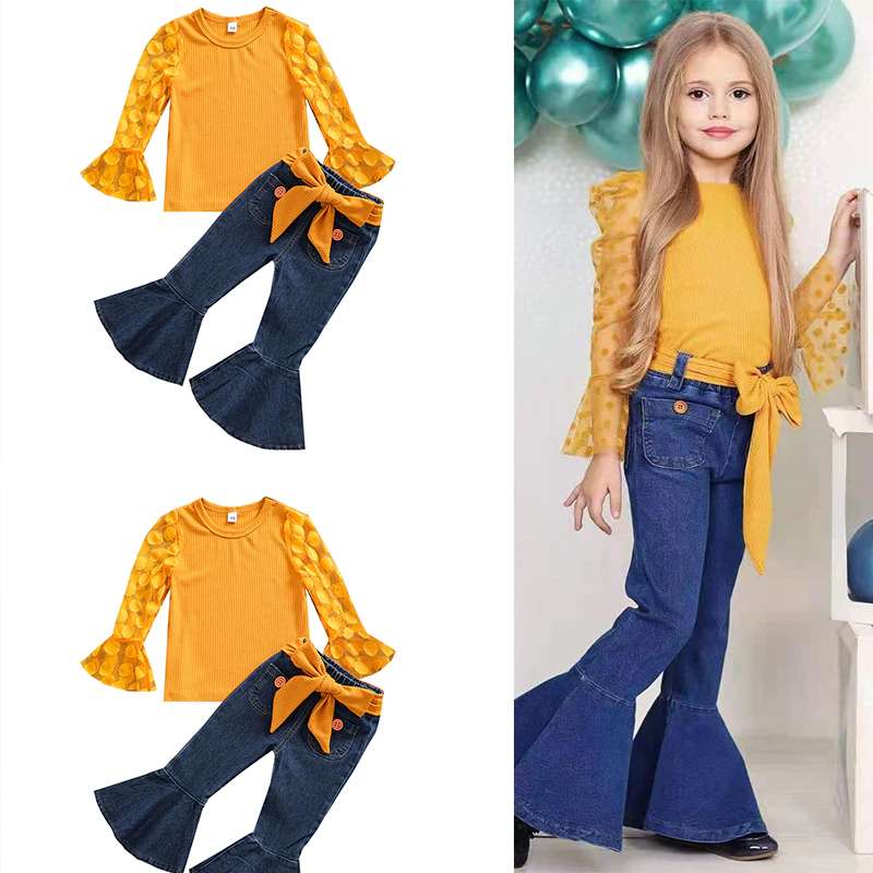 Girl Clothes Set Long Sleeve Crops Tops Lace Shirt Flare Pants / Girls Summer clothes/Girls Casual set