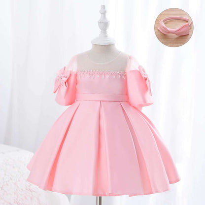 Satin Princess Dress Girl Bowknot Short Sleeves Pearl Tassel Dress, Elegant Kids Dresses-CheekyMeeky