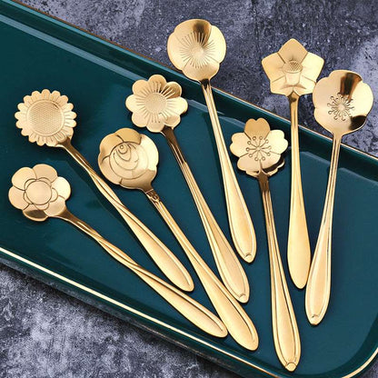8Pcs Flower Spoons Set, Small Teaspoon, Coffee Spoon, Cute Ice Cream Dessert Spoon, Gold Stainless Steel Spoon For Coffee Tea-CheekyMeeky