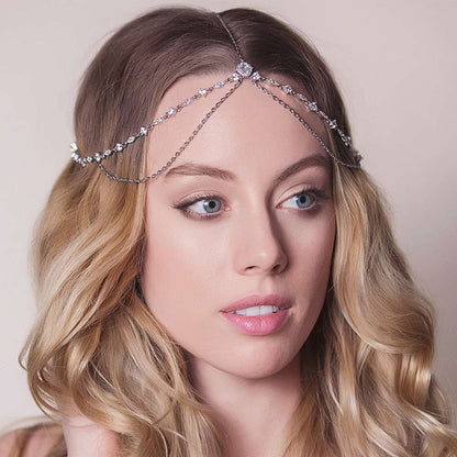 Water Drop Forehead Chain, Boho Bridal Wedding Head Chain, CZ Leaf Forehead Headband Chain,  Hair Jewelry for Women, Crystal Headpiece
