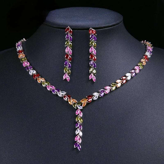Colorful Cubic Zircon Earring Necklace Wedding Bridal Gift Heavy Party Jewelry Set Party jewellery leaf necklace set