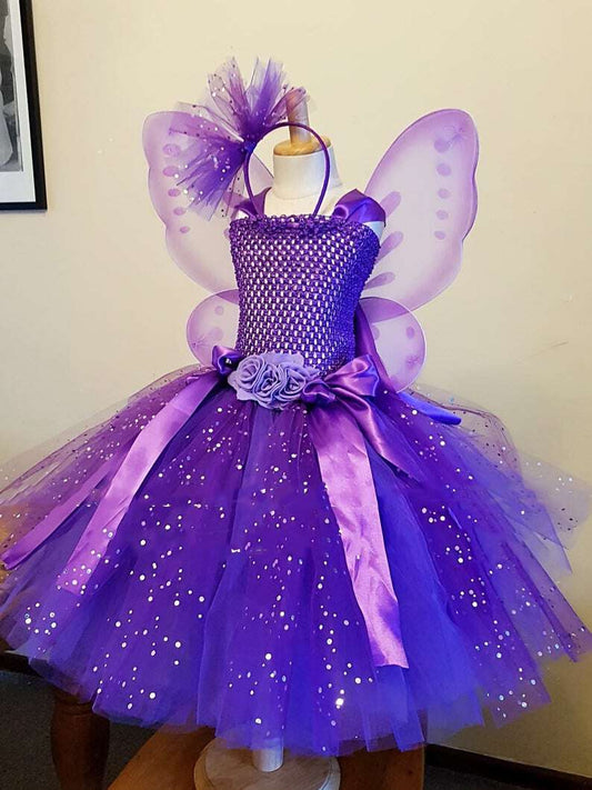 Purple Tulle Dress Girls Butterfly Dress Flower Fairy Tutu Dress Fairy Dress with Hairbow and Wing Kids Party Costume Dresses
