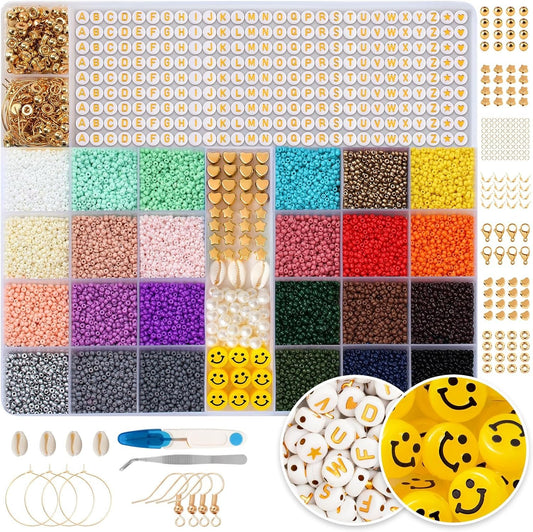 2mm 24000pcs 24 Colourful Mini Glass Beads with 300 Letters Smiley Beads Bracelets Kit