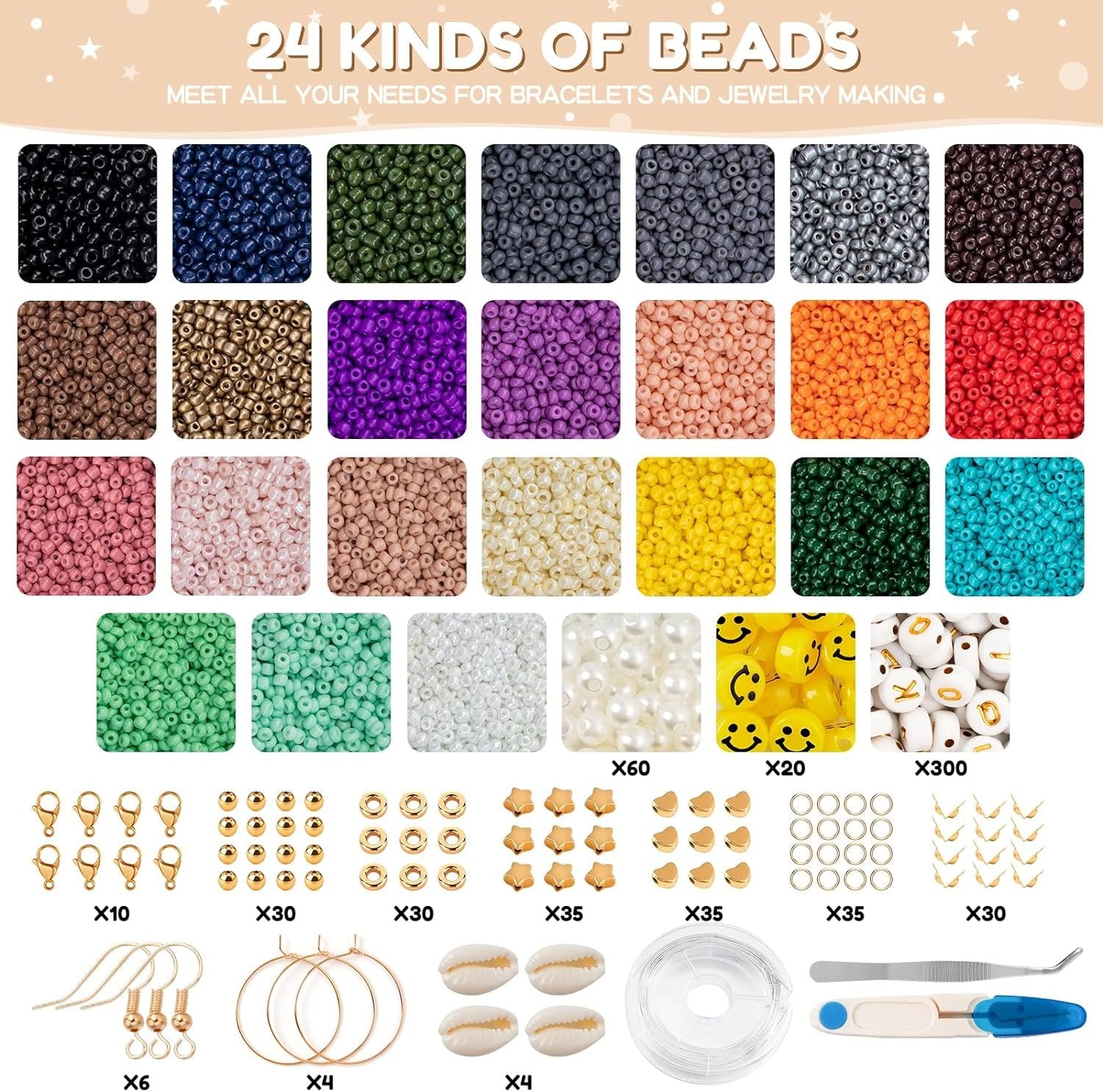 2mm 24000pcs 24 Colourful Mini Glass Beads with 300 Letters Smiley Beads Bracelets Kit-CheekyMeeky