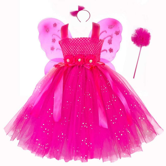 Girls Pink Flower Fairy Tutu Dress Party Costume Dresses Kids Tulle Dress with Butterfly Wing Dress