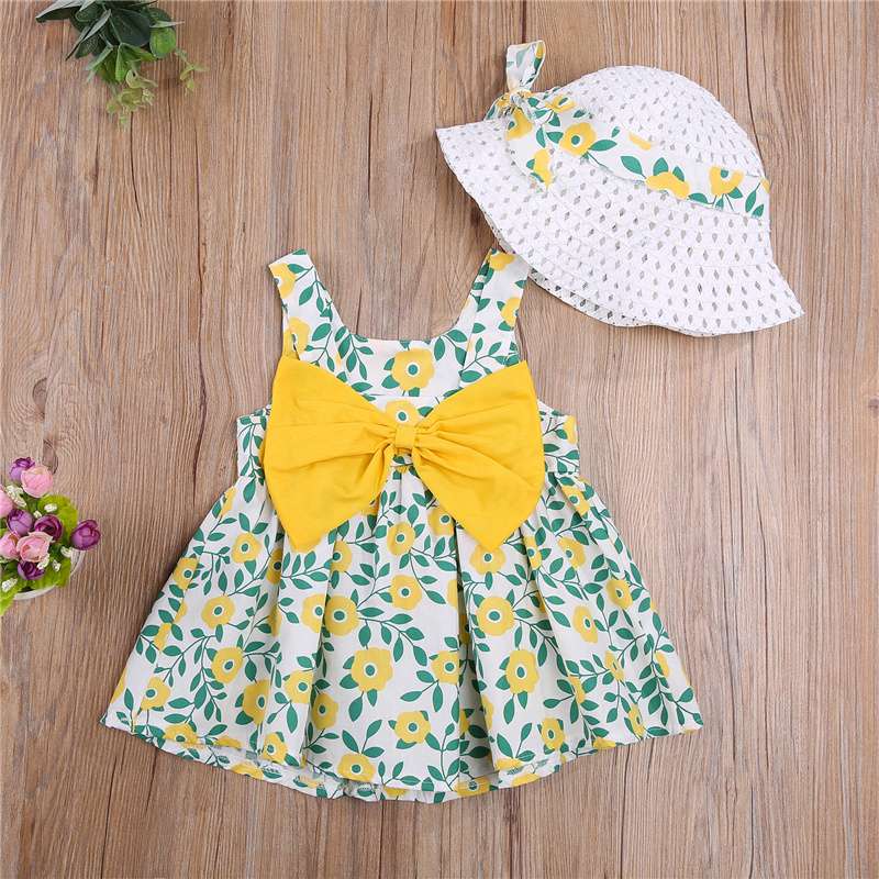 Cute Dress with Matching Hat| Baby Girl| Newborn| Summer Outfit| Ruffled Clothing| Sleeveless Beach Bow Plaid Cotton| Sunhat| Princess Dress-CheekyMeeky