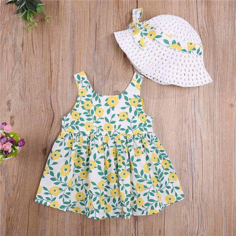 Cute Dress with Matching Hat| Baby Girl| Newborn| Summer Outfit| Ruffled Clothing| Sleeveless Beach Bow Plaid Cotton| Sunhat| Princess Dress-CheekyMeeky