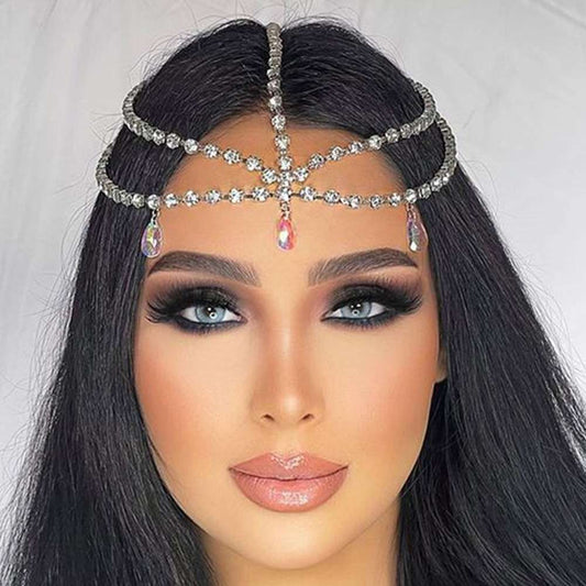 Multi layer Water Drop Forehead Chain, Boho Bridal Wedding Head Chain, CZ Leaf Forehead Headband Chain,  Hair Jewelry For Women, Crystal Headpiece
