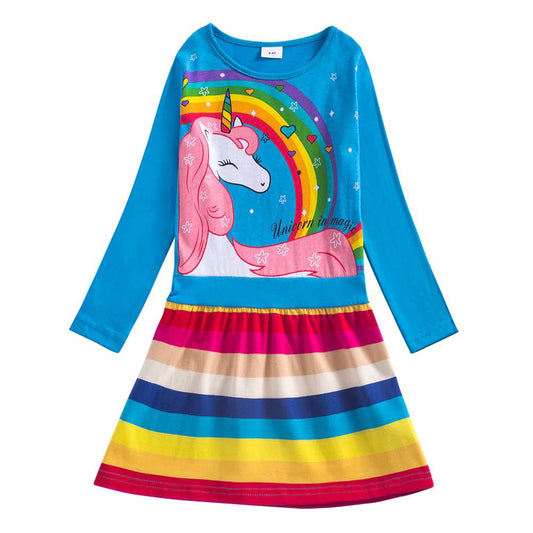 Long Sleeve Unicorn Rainbow Stripe Dresses ,Cartoon Pony Casual Clothes for Kids ,Tutu Dresses for Girls, Fairy Dress
