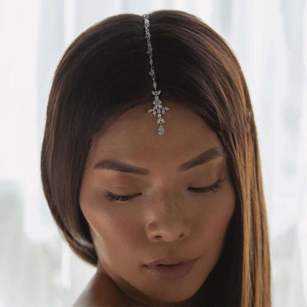 Head Chain Exquisite Cubic Leaf Forehead Headband Chain Hair Jewellery for Women Headpiece Bridal Wedding Head Chain-CheekyMeeky