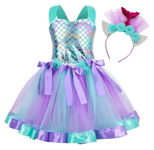 Mermaid Flower Dress with Hairband, Girls Tutu Dress, Mermaid Tutu Dress, Mermaid Dress, Mermaid Outfit, Mermaid costume