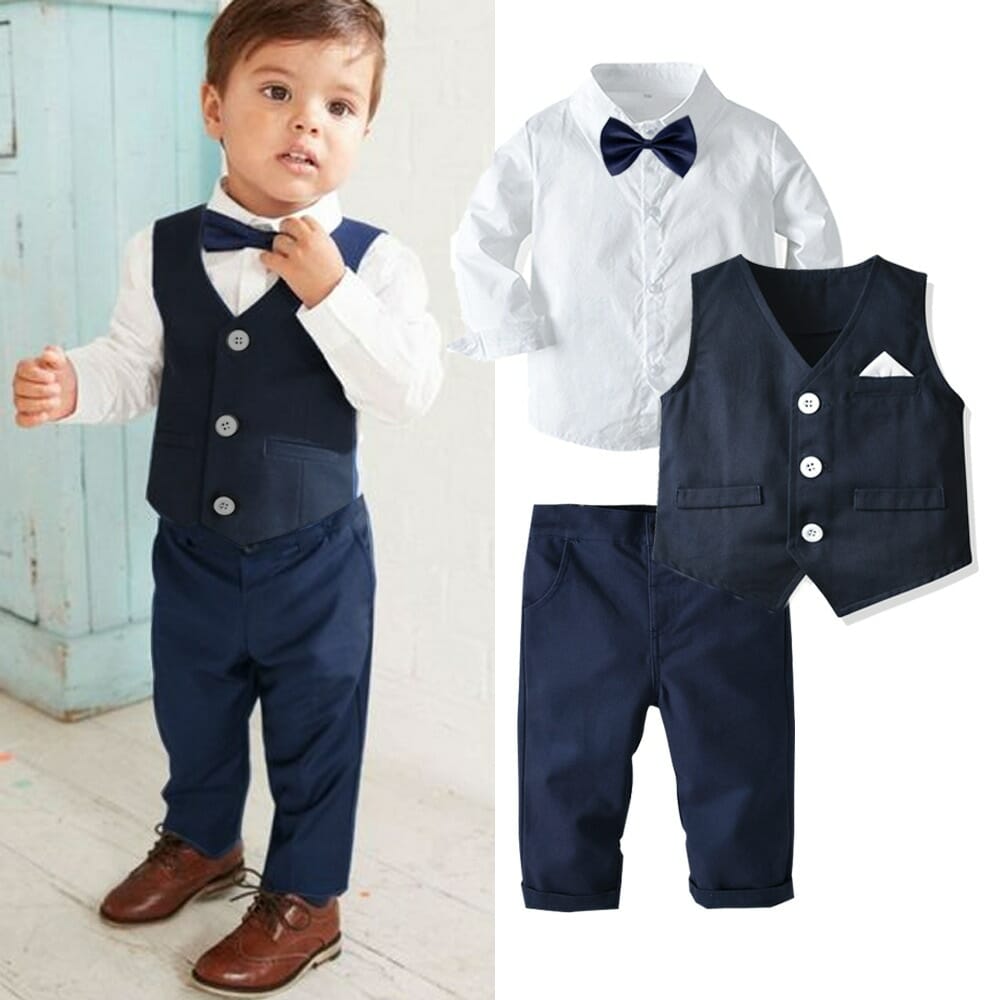 Boy Formal Outfit Set: Long-Sleeved Shirt, Bow Tie, Vest, and Trousers - Ideal for Parties & Birthdays - High-Quality Cotton Toddler Clothing-CheekyMeeky