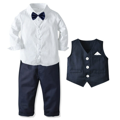 Boy Formal Outfit Set: Long-Sleeved Shirt, Bow Tie, Vest, and Trousers - Ideal for Parties & Birthdays - High-Quality Cotton Toddler Clothing-CheekyMeeky