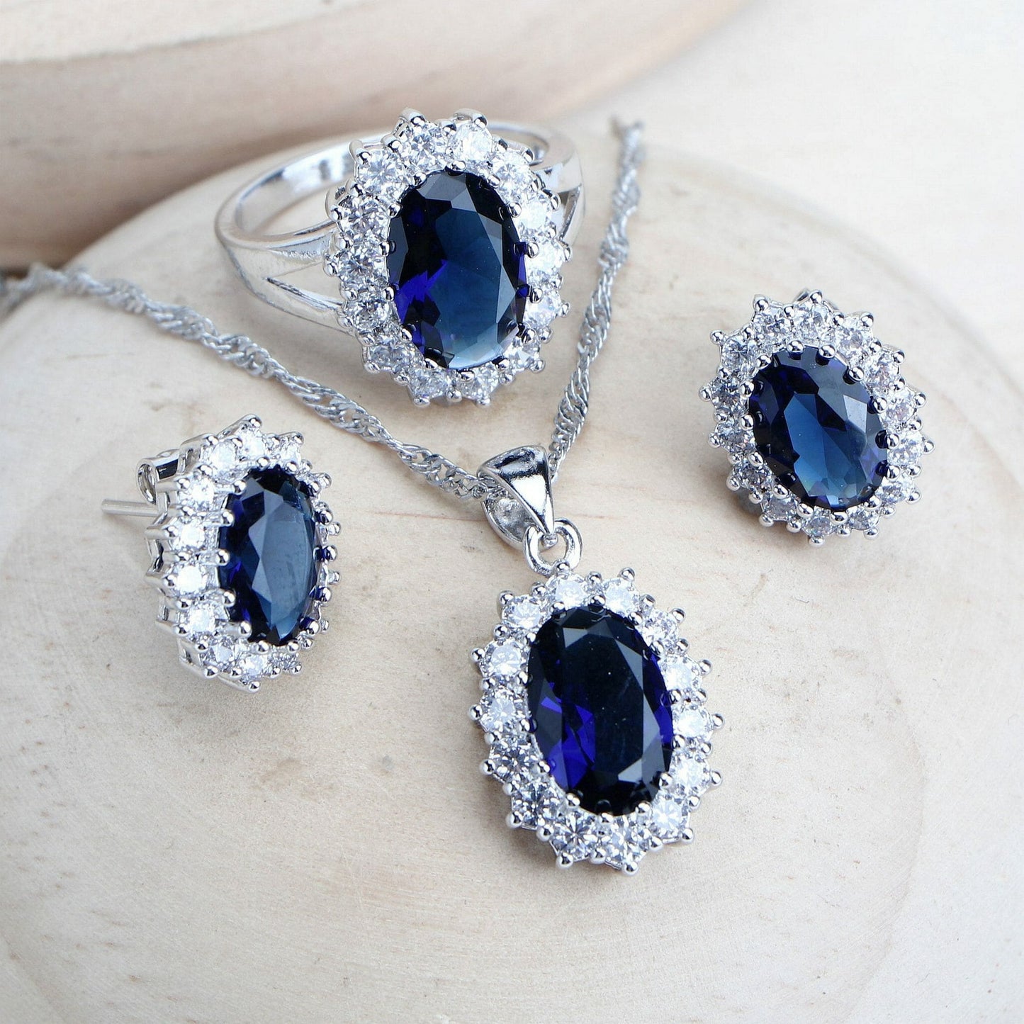 Women Bridal Jewelry Sets Blue Zirconia Fine Jewellery Wedding Necklace Earrings Rings Bracelets Pendant Set - Silver 925 Pendant Necklace