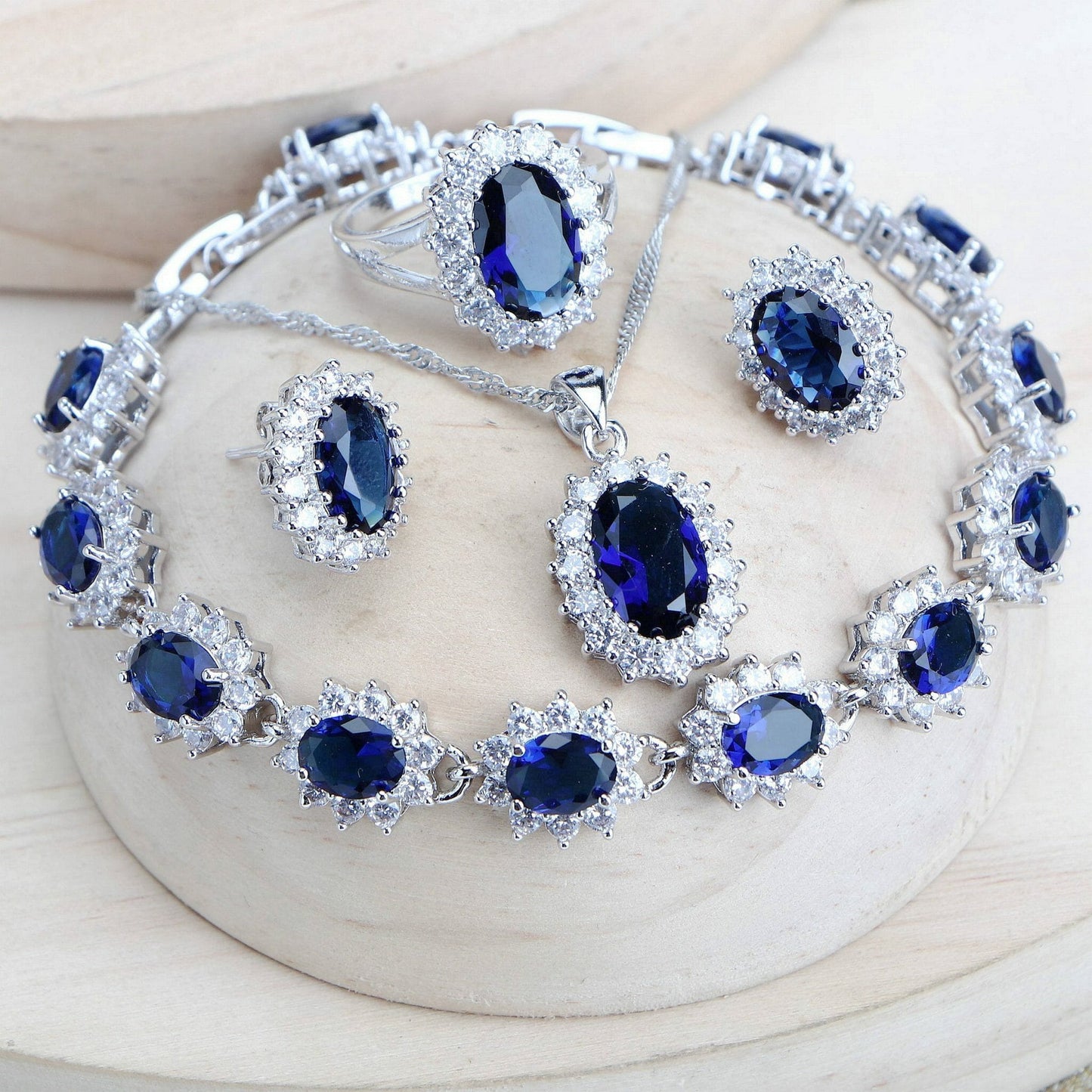 Women Bridal Jewelry Sets Blue Zirconia Fine Jewellery Wedding Necklace Earrings Rings Bracelets Pendant Set - Silver 925 Pendant Necklace-CheekyMeeky