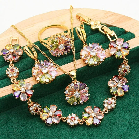 Exquisite 925 Silver Gold Color Jewelry Set with Multicolor Zircon Accents – Perfect for Weddings and Special Occasions