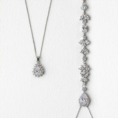 Glamorous Zircon Leaf Back Chain Necklace, Bridal Elegance, Long Water Drop Body Chain, Bridal Wedding Jewelry, Wedding Necklace