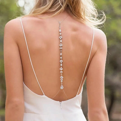 Glamorous Zircon Leaf Back Chain Necklace, Bridal Elegance, Long Water Drop Body Chain, Bridal Wedding Jewelry, Wedding Necklace
