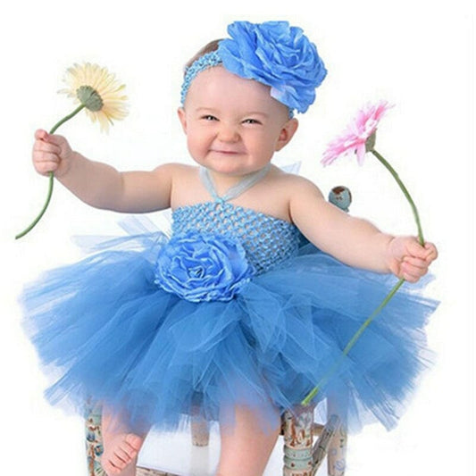 Cute Baby Flower Tutu Dress Infant Girls Crochet Tulle Dresses with Hairbow Set Newborn Birthday Party Costume Photography Clothe