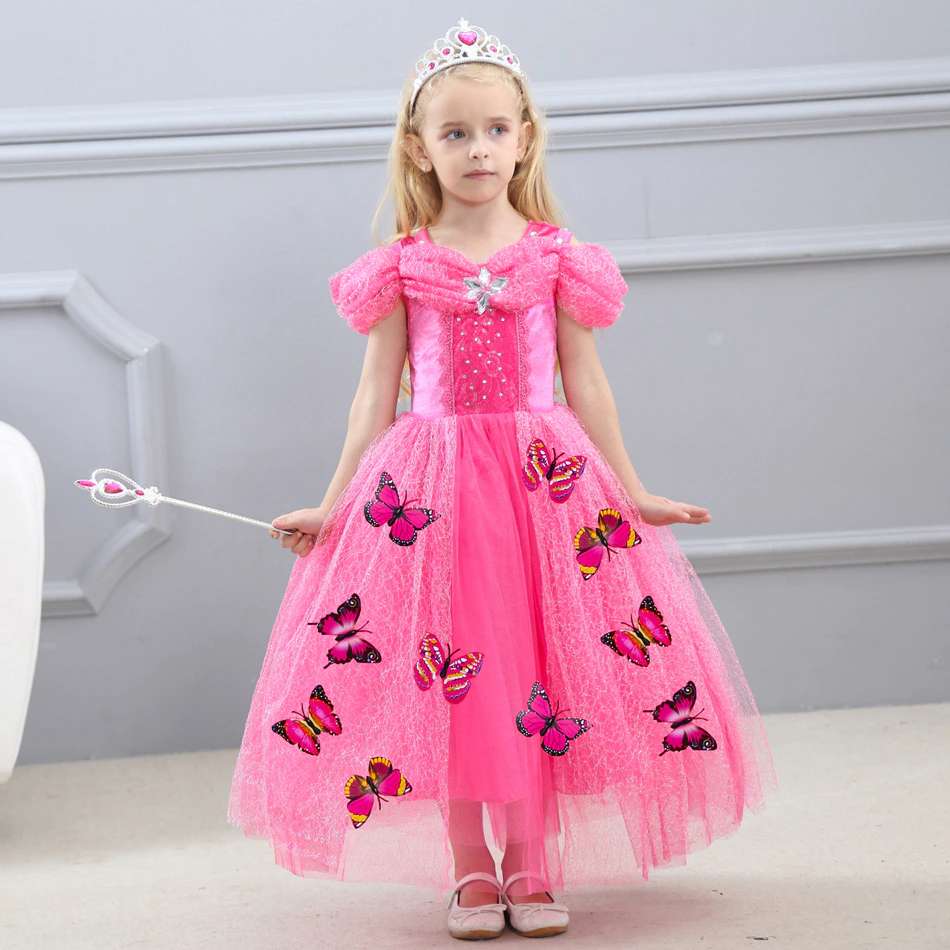 Girls Princess Dress, Kids Cosplay Princess Costume Pink Butterfly Dress For Girls, Girls Dress, girls Birthday Dress-CheekyMeeky