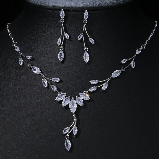 Cubic Zirconia Necklace Earrings Jewelry Set for Women Bridal Wedding Party necklace, leaf necklace