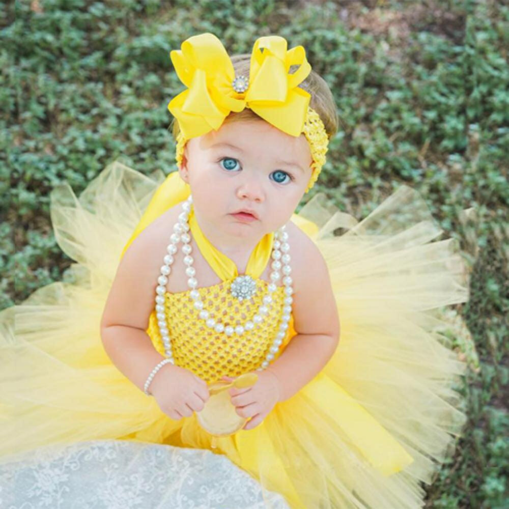 Cute Baby Flower Tutu Dress Infant Girls Crochet Tulle Dresses with Hairbow Set Newborn Birthday Party Costume Photography Clothe