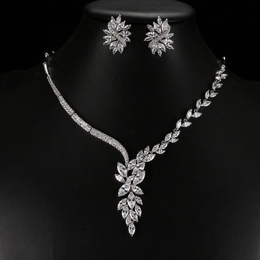 Cubic Zircon Jewelry Set for Women Stud Earrings and Necklace, Silver necklace, Wedding necklace set, Leaf style Wedding jewellery