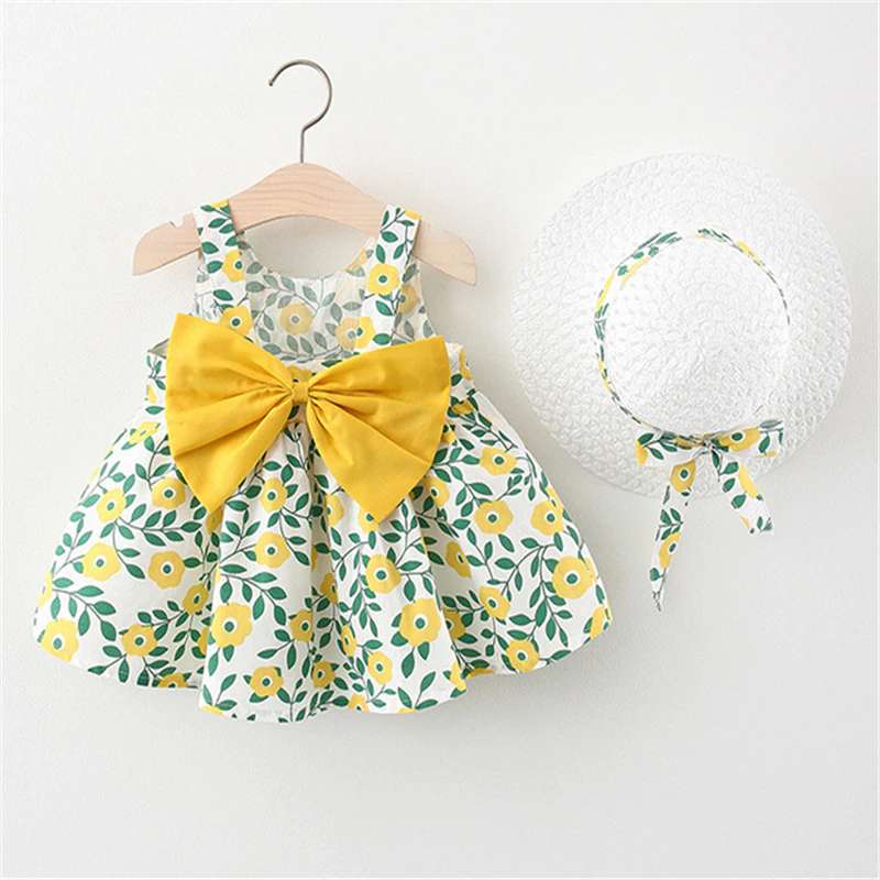 Cute Dress with Matching Hat| Baby Girl| Newborn| Summer Outfit| Ruffled Clothing| Sleeveless Beach Bow Plaid Cotton| Sunhat| Princess Dress-CheekyMeeky