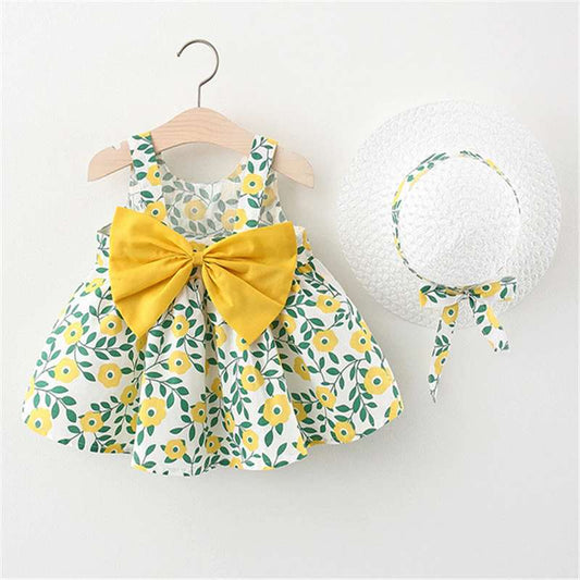 Cute Dress with Matching Hat| Baby Girl| Newborn| Summer Outfit| Ruffled Clothing| Sleeveless Beach Bow Plaid Cotton| Sunhat| Princess Dress