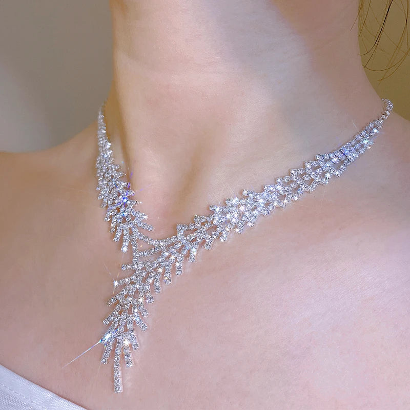 Feather Shape Necklace Earrings Wedding Jewelry set Gifts Wedding necklace Bridal jewelry silver bridal necklace set