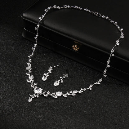Bridal Wedding Jewelry Set, Leaves Shape Zirconia Necklace And Earring, Wedding Necklace for bride, Party Jewelry