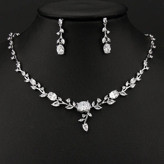 Bridal Wedding Jewelry Set, Leaves Shape Zirconia Necklace And Earring, Wedding Necklace for bride, Party Jewelry