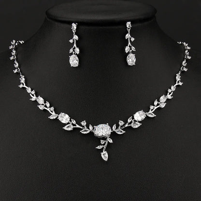 Bridal Wedding Jewelry Set, Leaves Shape Zirconia Necklace And Earring, Wedding Necklace for bride, Party Jewelry-CheekyMeeky