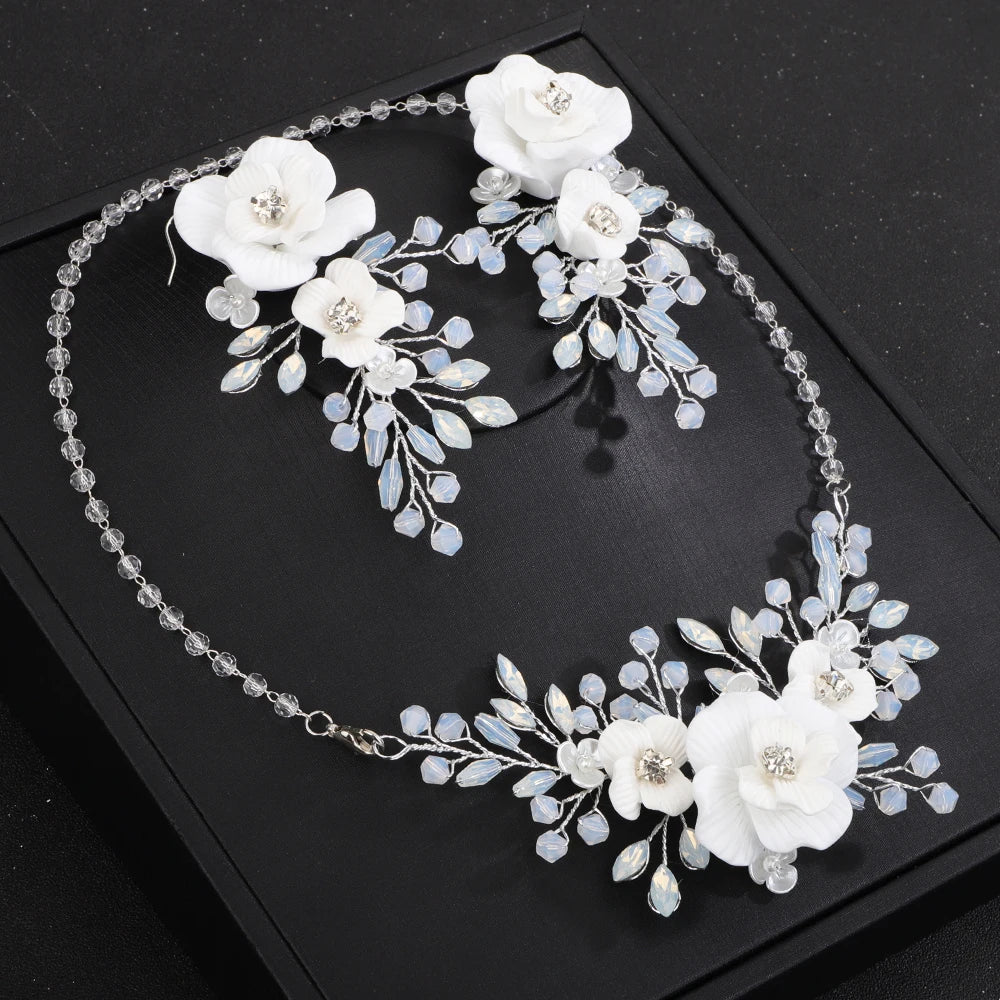 Flower Necklace Set, Flower Earrings Wedding Accessories Jewelry Party, Crystal Bridal Ornaments, Wedding Jewellery set-CheekyMeeky