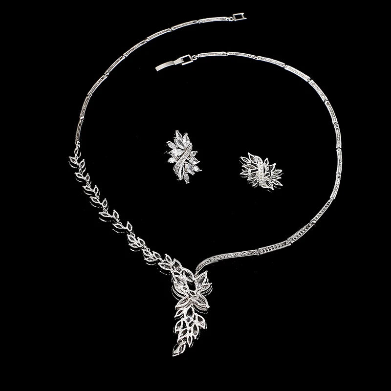 Cubic Zircon Jewelry Set for Women Stud Earrings and Necklace, Silver necklace, Wedding necklace set, Leaf style Wedding jewellery