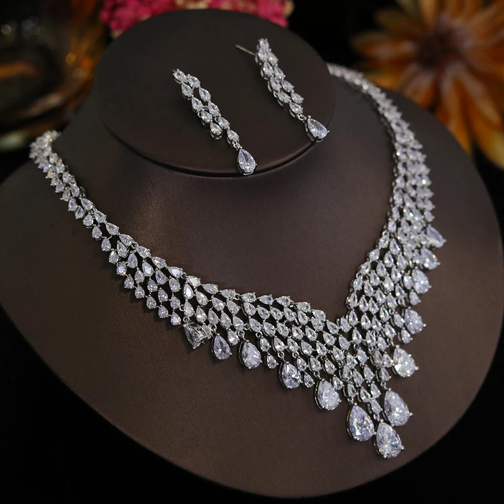 Cubic Zirconia Bridal Necklace 2pcs Jewelry Set for Women Wedding jewellery set
