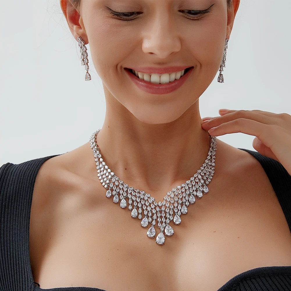 Cubic Zirconia Bridal Necklace 2pcs Jewelry Set for Women Wedding jewellery set-CheekyMeeky
