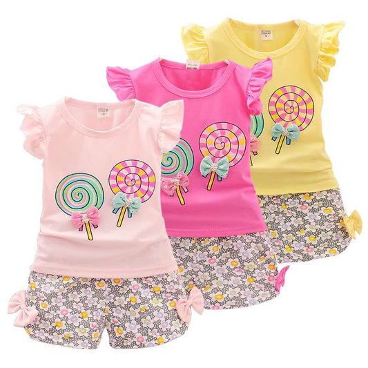 Baby Girl Summer Outfit Toddler Kids Baby Girls T-Shirt Tops + Floral Shorts Pants Candy Printed Outfits-CheekyMeeky