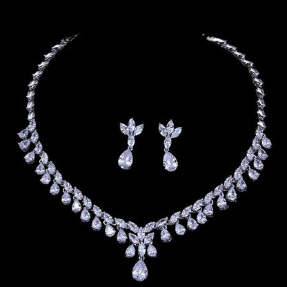 Beautiful Bridal Jewelry Set Necklace and Earrings Set, Shiny Leaf Shape necklace for Bride Cubic Zircon Drop Earring Necklace Jewelry Set