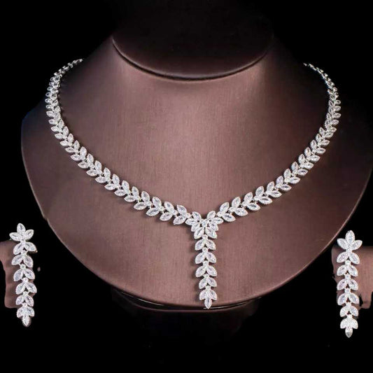 Crystal Necklace set Silver Wedding Jewelry for Bride Silver Bridal Jewelry Crystal Bridal Necklace Set Leaves Shape necklace Drop Earring Cubic Zircon  Jewelry Sets
