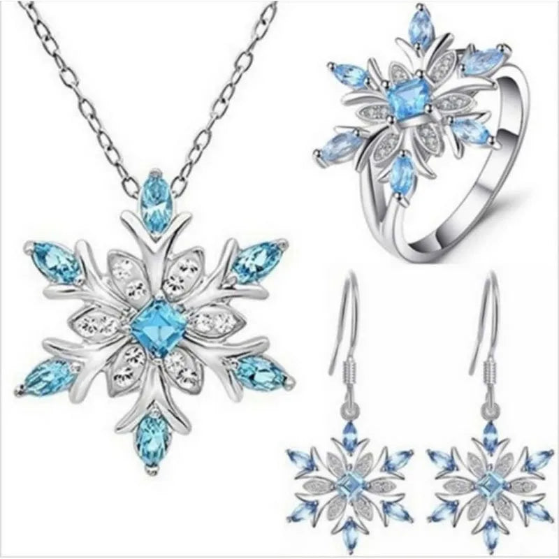 Ocean Blue Snowflake Earrings Set Women's Girls Ring Necklace Jewelry Set For Christmas Gift Party Accessories, Frozen jewellery set , Elsa jewellery set-CheekyMeeky