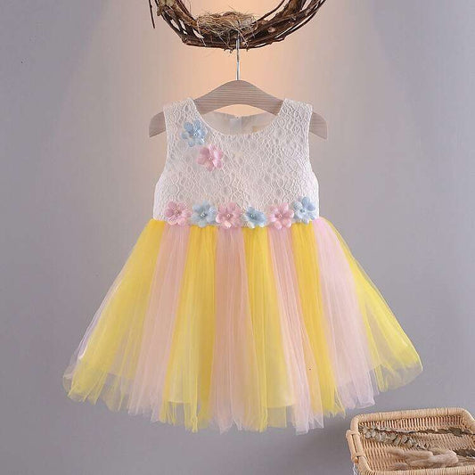 Lace Tulle Little Princess Rainbow Stitching Flower Gauze Sleeveless Tank Girl Dress, Tutu Dress-CheekyMeeky