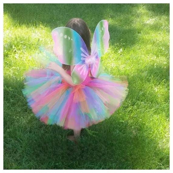 Girls Rainbow Tutu Dress, Rainbow fairy Dress, Girls Tutu Dress, Girls Princess Dress, fairy Costume, Butterfly Wing dress-CheekyMeeky