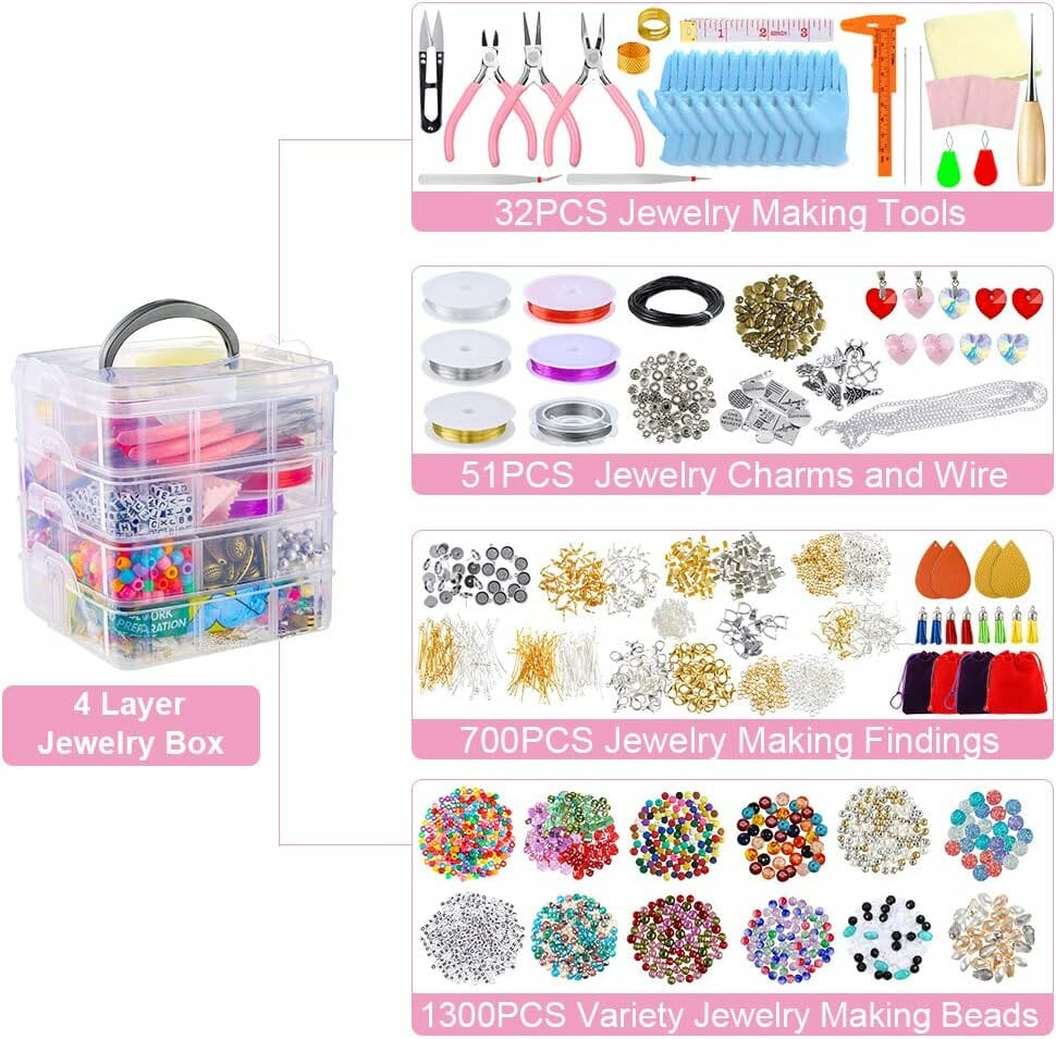 4-layer 2880Pcs Beads Charms Findings Beading Wire Kit For DIY Bracelets Necklace Earrings Deluxe Jewelry Making Supplies Kit-CheekyMeeky