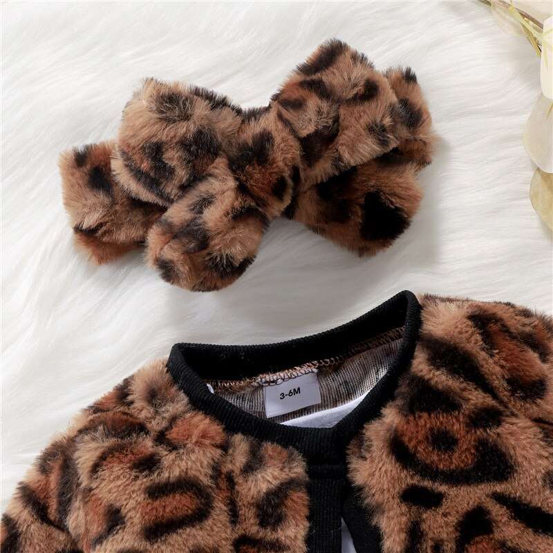 Winter Toddler Girls Leopard Print Fur Long Sleeve Dress, Jacket Tops Headband Baby's Clothing Sets , Kids Winter Outfit set